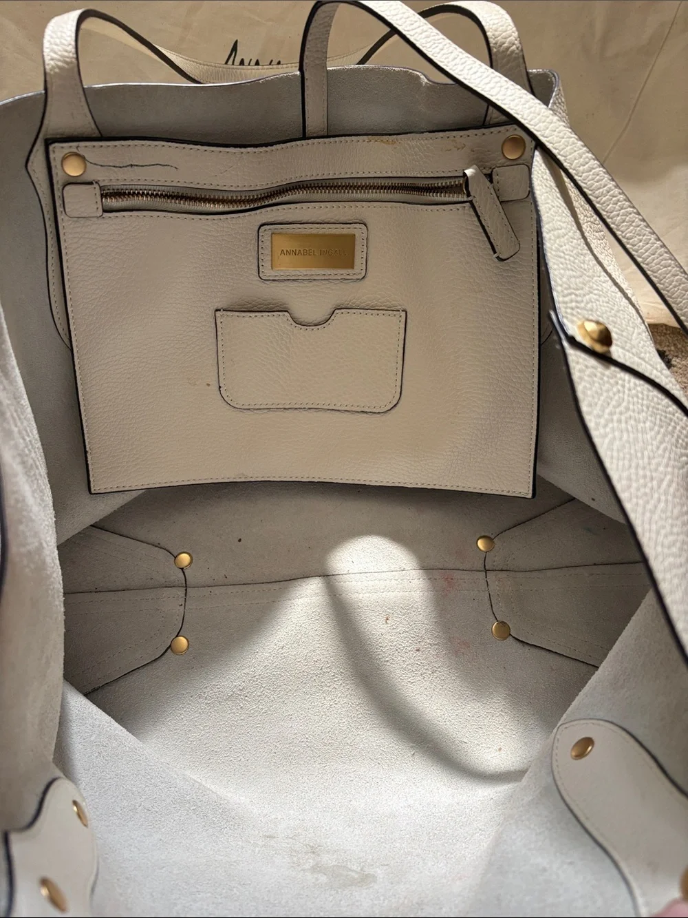 Annabel Ingall White Pebbled Leather Tote with Gold Hardware
